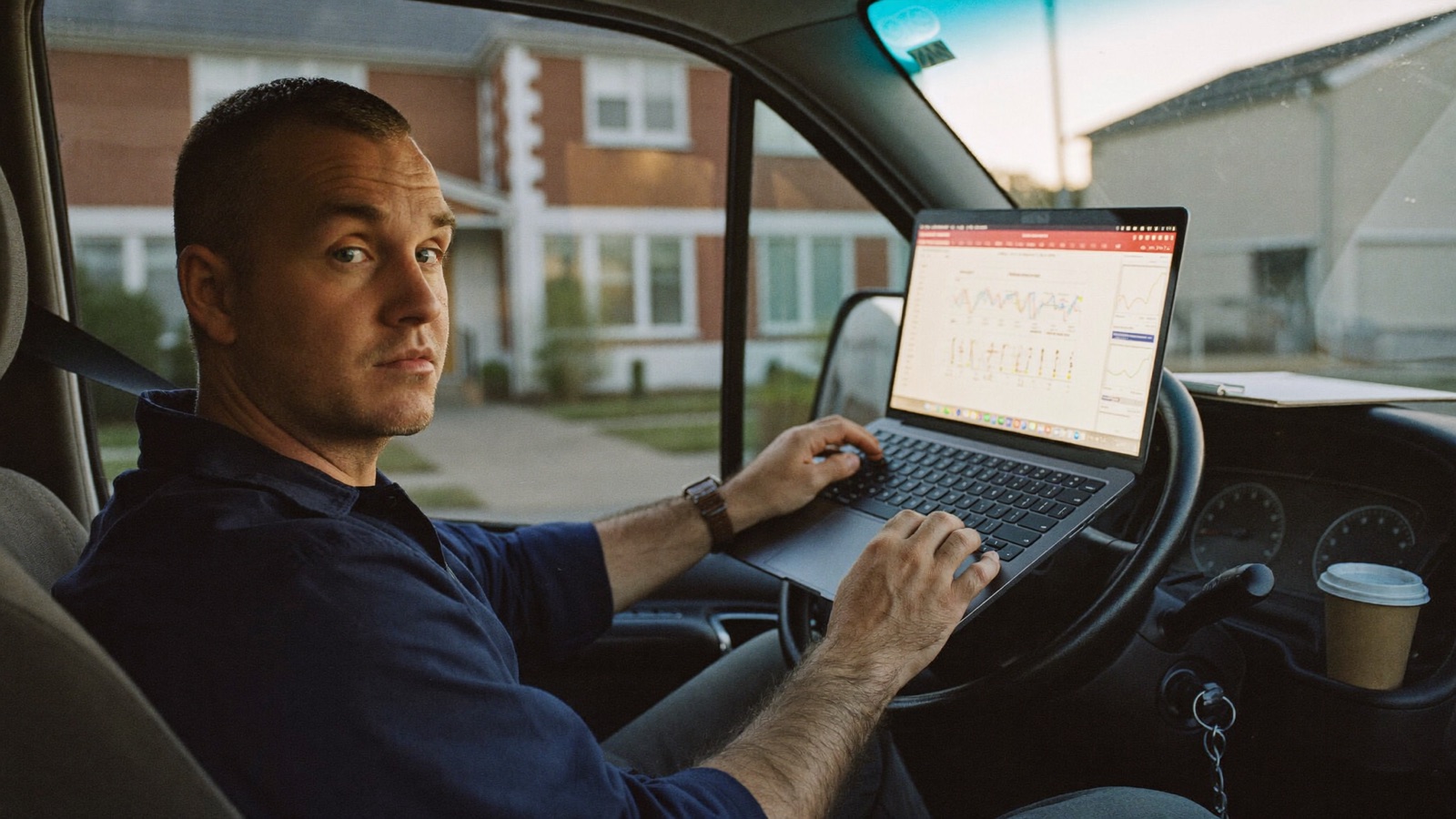 Contractor sitting in the cab of a work van checking website analytics on a laptop before the morning job