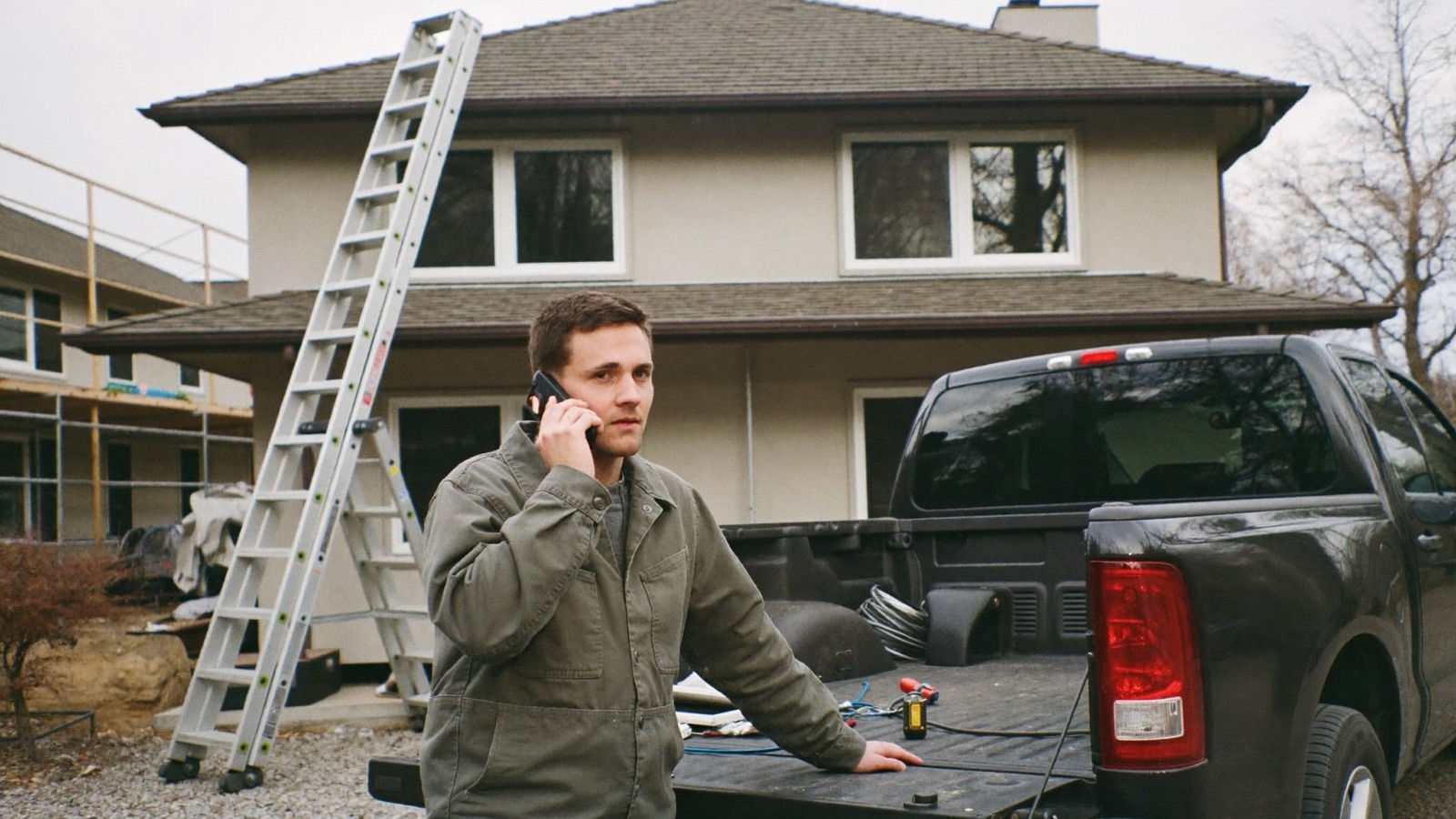 A remodeling contractor on the phone at the open tailgate of his truck, parked outside a house under renovation with an extension ladder resting against the wall