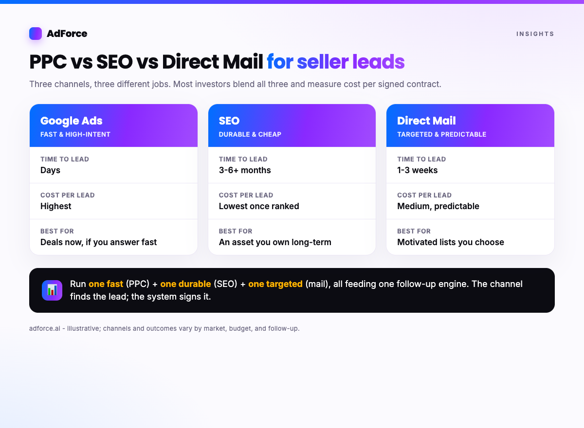 A side-by-side comparison of Google Ads, SEO, and direct mail for motivated-seller lead generation across time-to-lead, cost, and intent