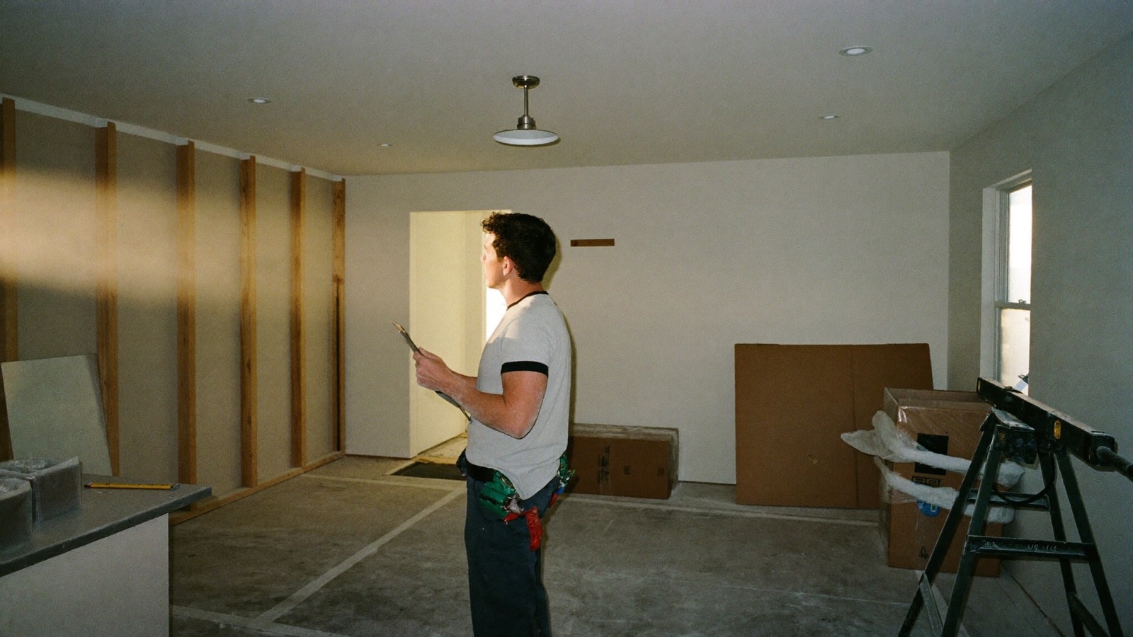 A remodeling contractor standing in a gutted kitchen with a clipboard, planning the layout before any work starts
