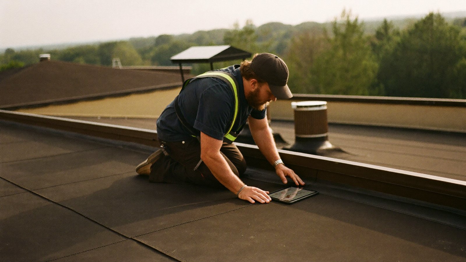 A roofing contractor inspecting the seam where a TPO membrane meets a curb on a commercial flat roof